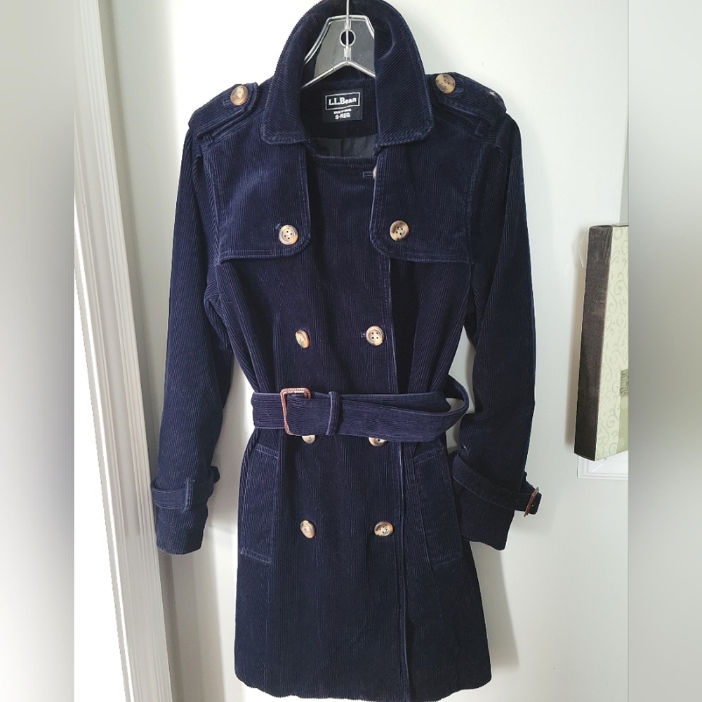 L.L.Bean 100% Cotton Corduroy Double Breasted Belted Coat